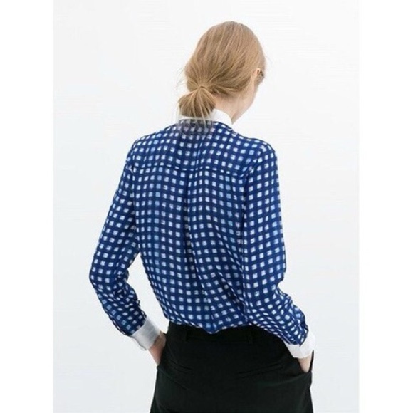 Zara Basic Blue White Checkered Plaid Pattern Button Down Satin Shirt size XS - Picture 9 of 12